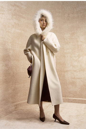 Zhishuangxin Hooded Belted Wool Blend Coat in Ivory White - view 3