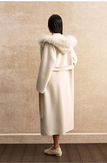 Zhishuangxin Hooded Belted Wool Blend Coat in Ivory White - view 4