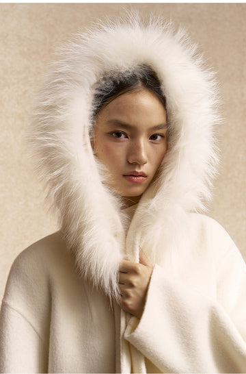 Zhishuangxin Hooded Belted Wool Blend Coat in Ivory White - view 5