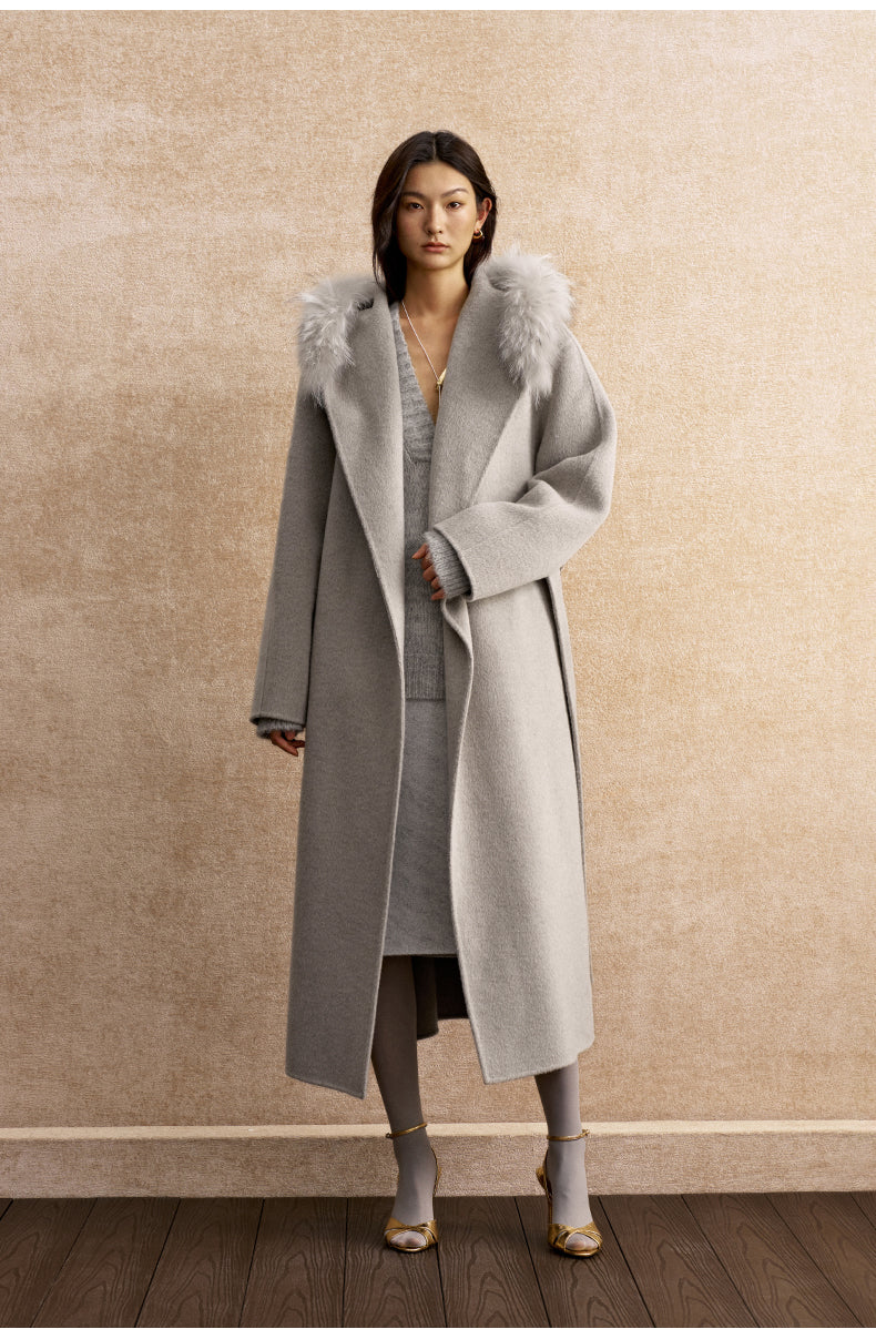 Zhishuangxin Hooded Belted Wool Blend Coat in Light Ink Gray - view 1