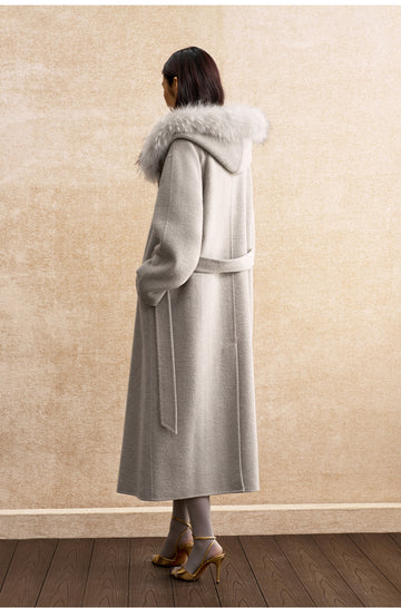 Zhishuangxin Hooded Belted Wool Blend Coat in Light Ink Gray - view 3