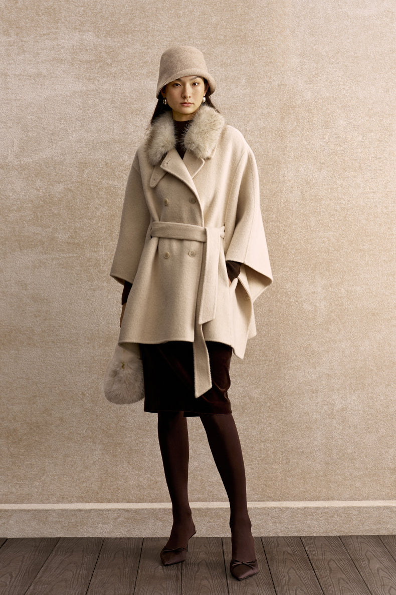 Dongbo Detachable Collar Wool-Blend Cape in Natural Ecru - view 1
