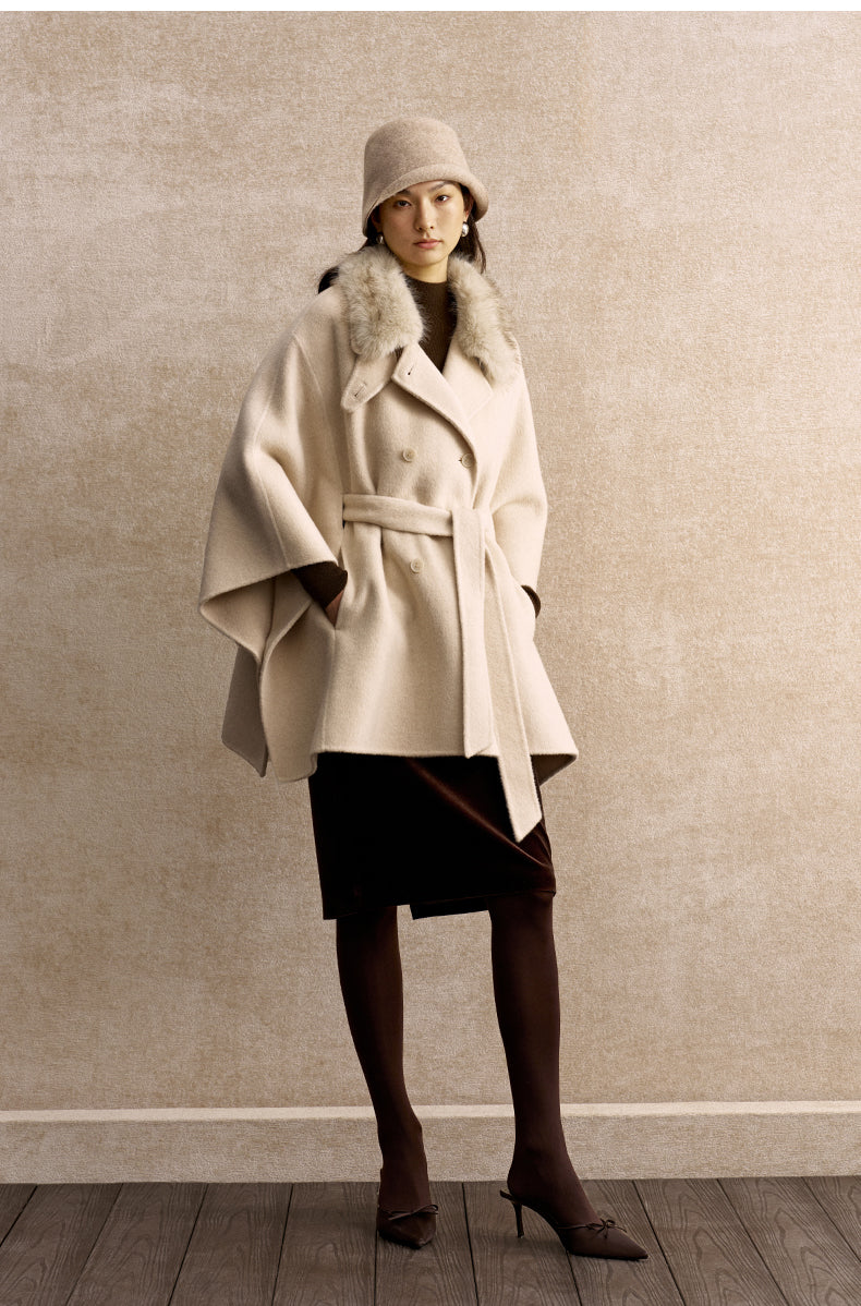 Dongbo Detachable Collar Wool-Blend Cape in Natural Ecru - view 2