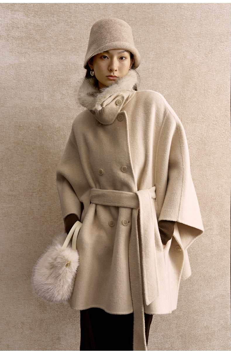 Dongbo Detachable Collar Wool-Blend Cape in Natural Ecru - view 3