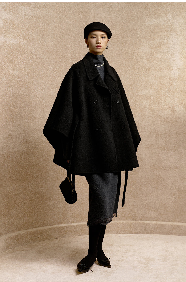 Dongbo Detachable Collar Wool-Blend Cape in Deep Ink Black - view 1