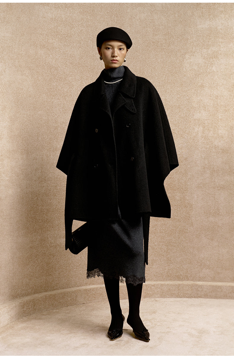 Dongbo Detachable Collar Wool-Blend Cape in Deep Ink Black - view 2