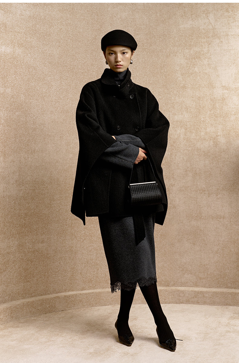 Dongbo Detachable Collar Wool-Blend Cape in Deep Ink Black - view 3