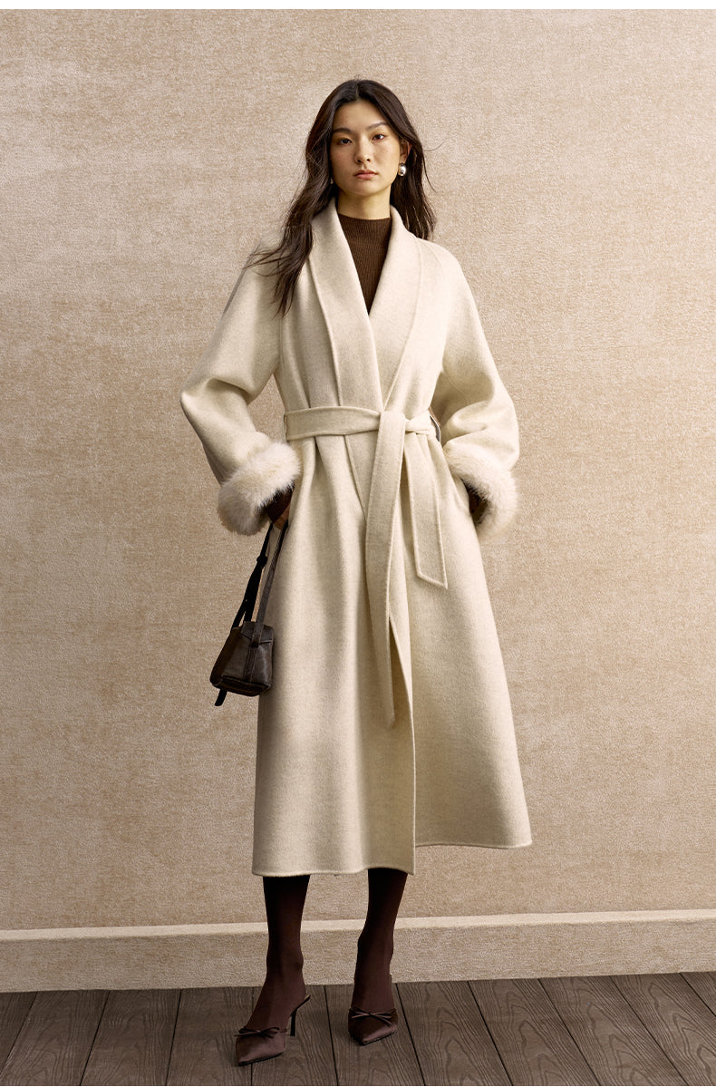 Yebanyue Fur Cuff Wool Wrap Coat in Natural White - view 1