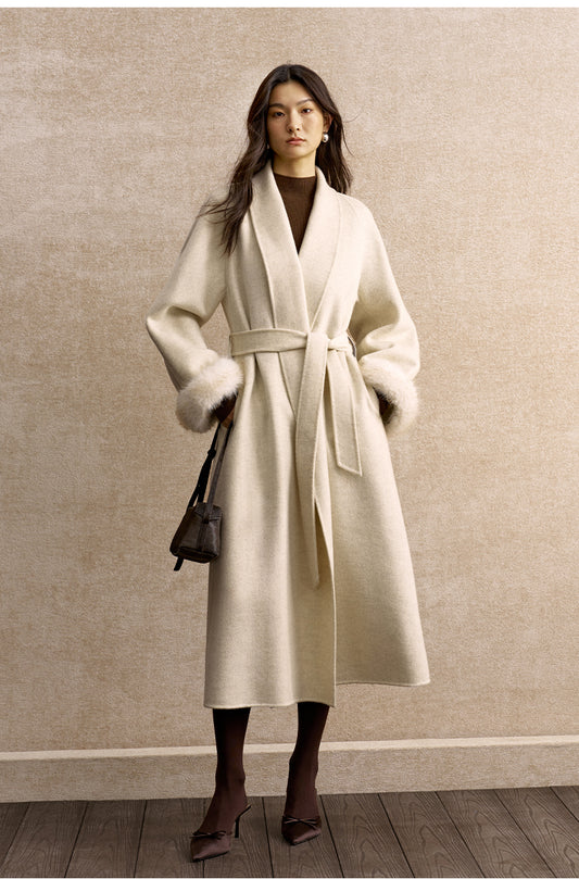 Yebanyue Fur Cuff Wool Wrap Coat in Natural White - view 1