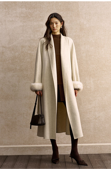 Yebanyue Fur Cuff Wool Wrap Coat in Natural White - view 2