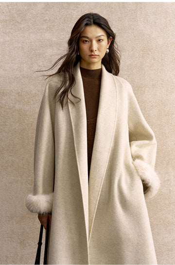 Yebanyue Fur Cuff Wool Wrap Coat in Natural White - view 3
