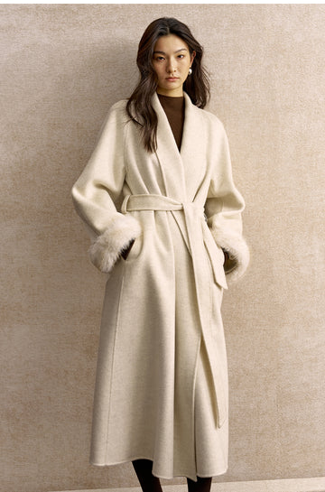 Yebanyue Fur Cuff Wool Wrap Coat in Natural White - view 4