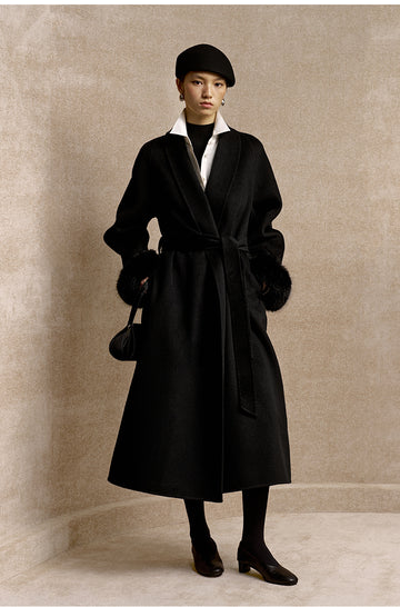 Yebanyue Fur Cuff Wool Wrap Coat in Ink Black - view 1