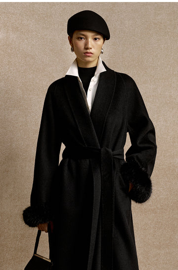 Yebanyue Fur Cuff Wool Wrap Coat in Ink Black - view 2
