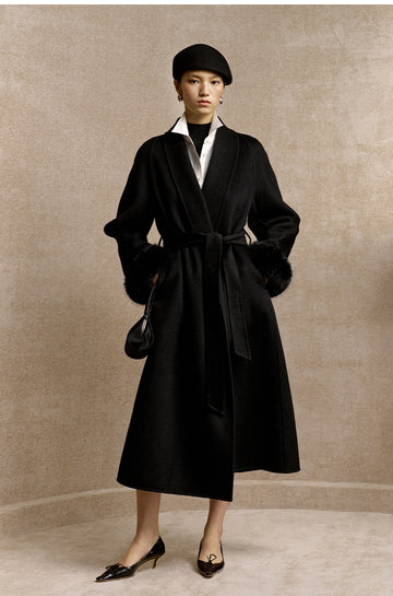 Yebanyue Fur Cuff Wool Wrap Coat in Ink Black - view 3