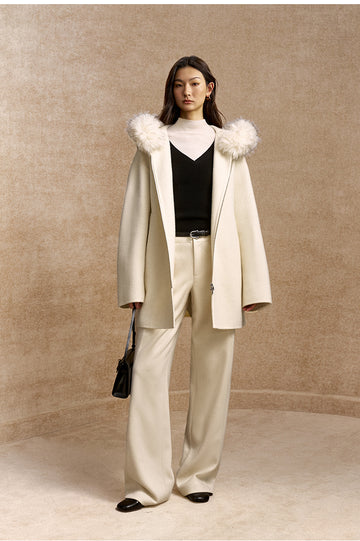 Yuemingzhong Hooded Wool Blend Zip Coat in Ivory White - view 1