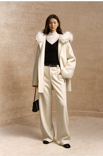 Yuemingzhong Hooded Wool Blend Zip Coat in Ivory White - view 2