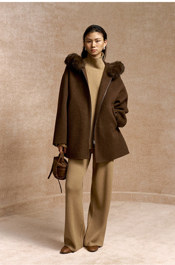 Yuemingzhong Hooded Wool Blend Zip Coat in Amber Brown - view 1