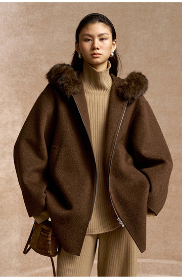 Yuemingzhong Hooded Wool Blend Zip Coat in Amber Brown - view 2