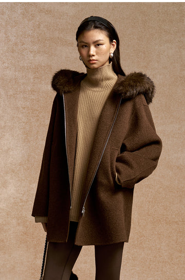 Yuemingzhong Hooded Wool Blend Zip Coat in Amber Brown - view 3