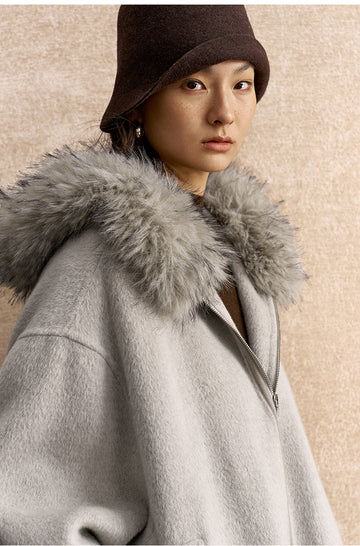 Yuemingzhong Hooded Wool Blend Zip Coat in Light Ink Gray - view 4