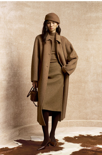 Hexiangyue Sculpted Wool Blend Coat in Warm Sand Camel - view 2 - Warm Sand Camel