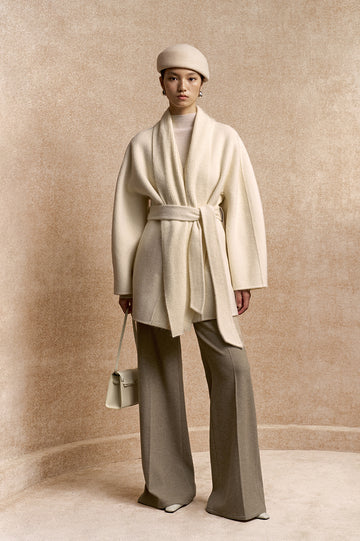 Duyanbo Knit Collar Belted Wool Coat in Ivory White - view 1