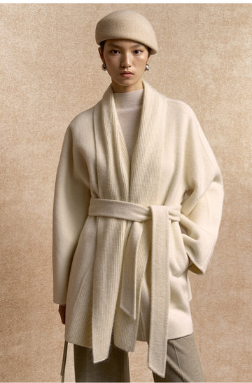 Duyanbo Knit Collar Belted Wool Coat in Ivory White - view 2