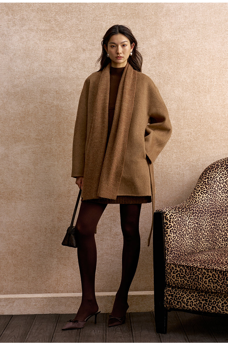Duyanbo Knit Collar Belted Wool Coat in Warm Sand Camel - view 1