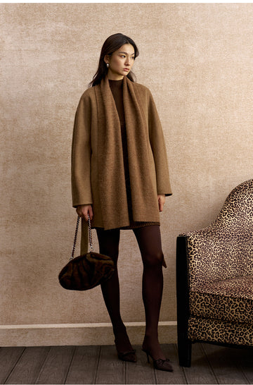 Duyanbo Knit Collar Belted Wool Coat in Warm Sand Camel - view 2