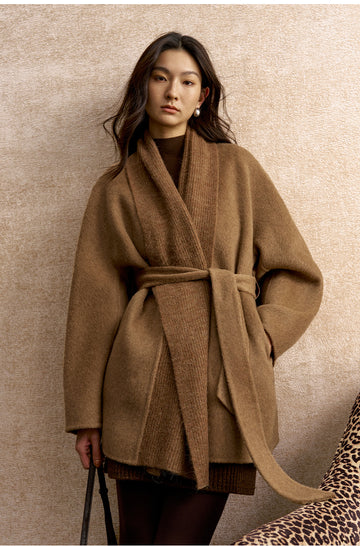 Duyanbo Knit Collar Belted Wool Coat in Warm Sand Camel - view 3