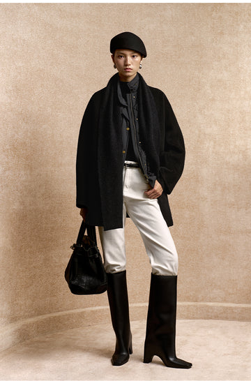 Duyanbo Knit Collar Belted Wool Coat in Deep Ink Black - view 1