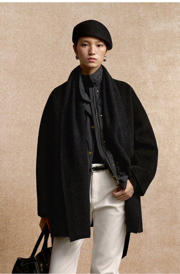 Duyanbo Knit Collar Belted Wool Coat in Deep Ink Black - view 2