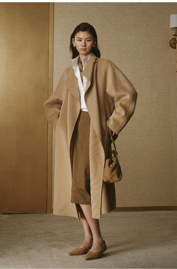 Hantingxu Sculpted Belted Wool Coat in Frosted Apricot Camel - view 2