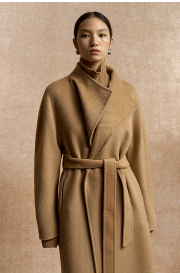 Hantingxu Sculpted Belted Wool Coat in Frosted Apricot Camel - view 4