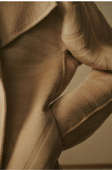 Hantingxu Sculpted Belted Wool Coat in Frosted Apricot Camel - view 5