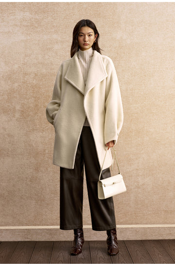 Dongshengsui Belted Alpaca Wool Coat in Ivory White - view 1