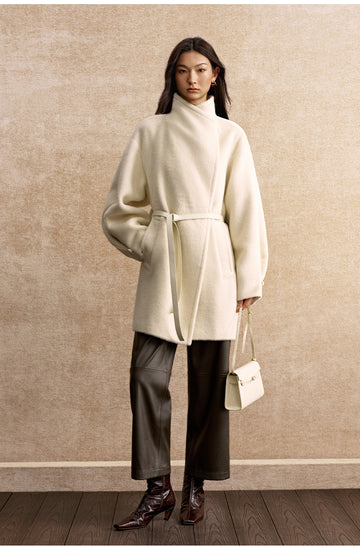 Dongshengsui Belted Alpaca Wool Coat in Ivory White - view 2