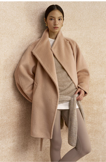 Dongshengsui Belted Alpaca Wool Coat in Champagne Pink - view 2