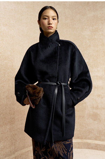 Dongshengsui Belted Alpaca Wool Coat in Deep Sapphire Blue - view 2