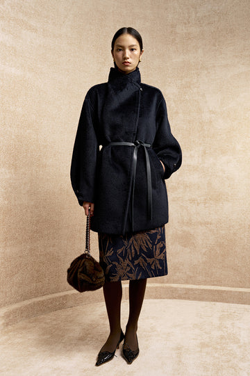 Dongshengsui Belted Alpaca Wool Coat in Deep Sapphire Blue - view 3