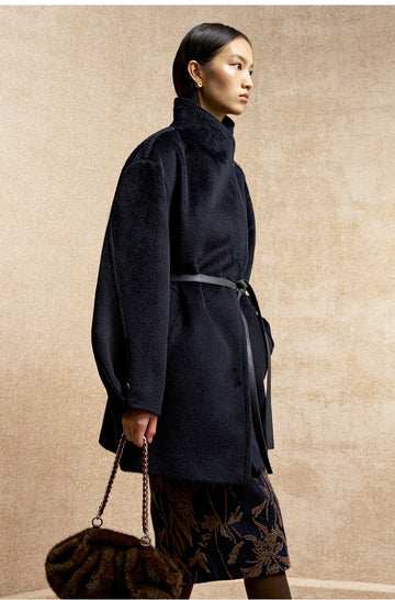 Dongshengsui Belted Alpaca Wool Coat in Deep Sapphire Blue - view 4