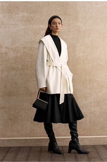 Yushengyan Hooded Wrap Wool Coat in Ivory White - view 2 - Ivory White