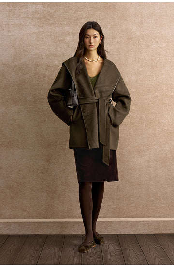 Yushengyan Hooded Wrap Wool Coat in Pine Grey Green - view 1 - Pine Grey Green