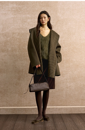 Yushengyan Hooded Wrap Wool Coat in Pine Grey Green - view 2 - Pine Grey Green