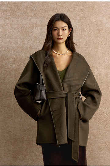 Yushengyan Hooded Wrap Wool Coat in Pine Grey Green - view 3 - Pine Grey Green