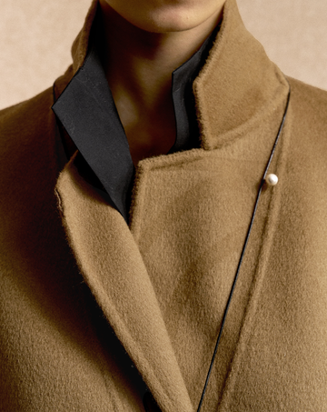Yao Hua Man Belted Wool Coat in Classic Camel - Collar and pearl closure detail