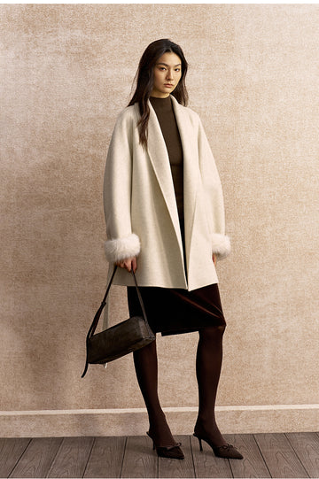 Ximeiling Fur Cuff Wool Wrap Coat in Natural White - view 2