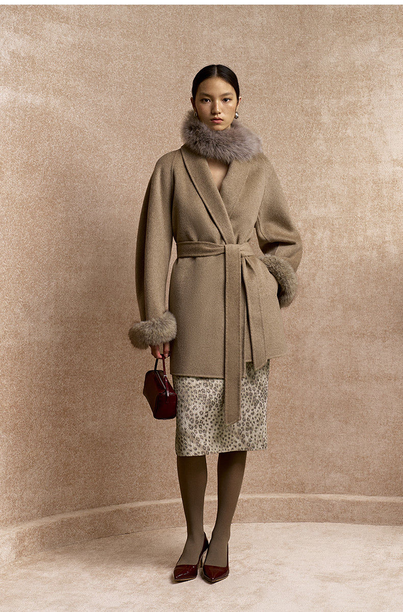 Ximeiling Fur Cuff Wool Wrap Coat in Oat Latte - view 1