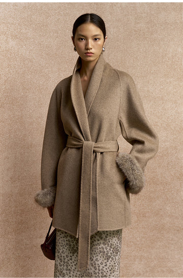 Ximeiling Fur Cuff Wool Wrap Coat in Oat Latte - view 2